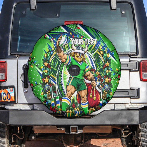Personalized Canberra Raiders Rugby Christmas Spare Tire Cover Holiday Mascot Graphic Art Festive Lights Bow