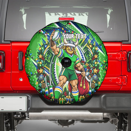 Personalized Canberra Raiders Rugby Christmas Spare Tire Cover Holiday Mascot Graphic Art Festive Lights Bow