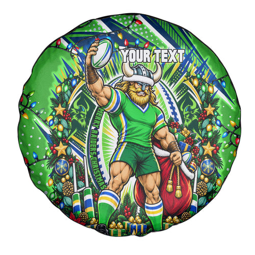 Personalized Canberra Raiders Rugby Christmas Spare Tire Cover Holiday Mascot Graphic Art Festive Lights Bow