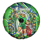 Personalized Canberra Raiders Rugby Christmas Spare Tire Cover Holiday Mascot Graphic Art Festive Lights Bow