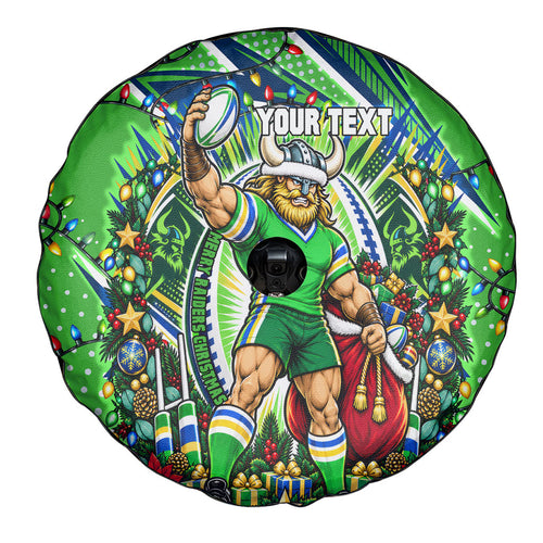 Personalized Canberra Raiders Rugby Christmas Spare Tire Cover Holiday Mascot Graphic Art Festive Lights Bow