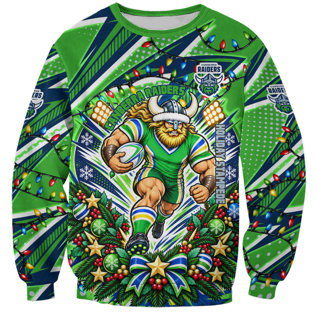 Personalized Canberra Raiders Rugby Christmas Sweatshirt Holiday Mascot Graphic Art Festive Lights Bow