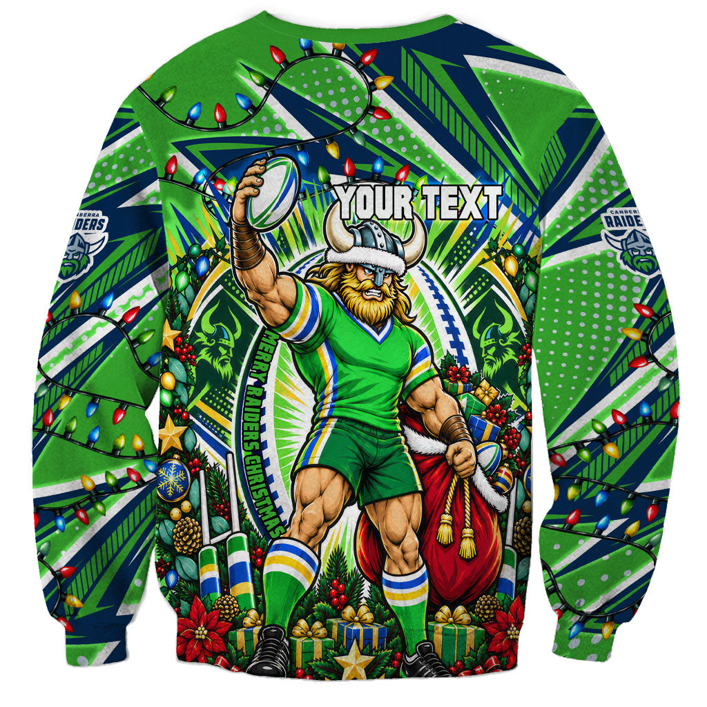 Personalized Canberra Raiders Rugby Christmas Sweatshirt Holiday Mascot Graphic Art Festive Lights Bow