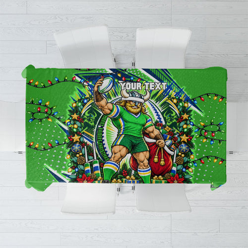 Personalized Canberra Raiders Rugby Christmas Tablecloth Holiday Mascot Graphic Art Festive Lights Bow