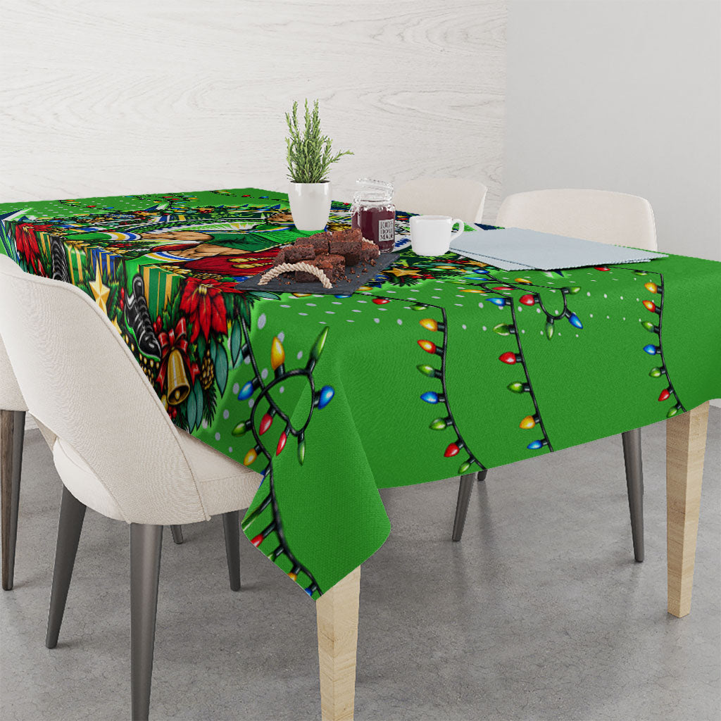 Personalized Canberra Raiders Rugby Christmas Tablecloth Holiday Mascot Graphic Art Festive Lights Bow