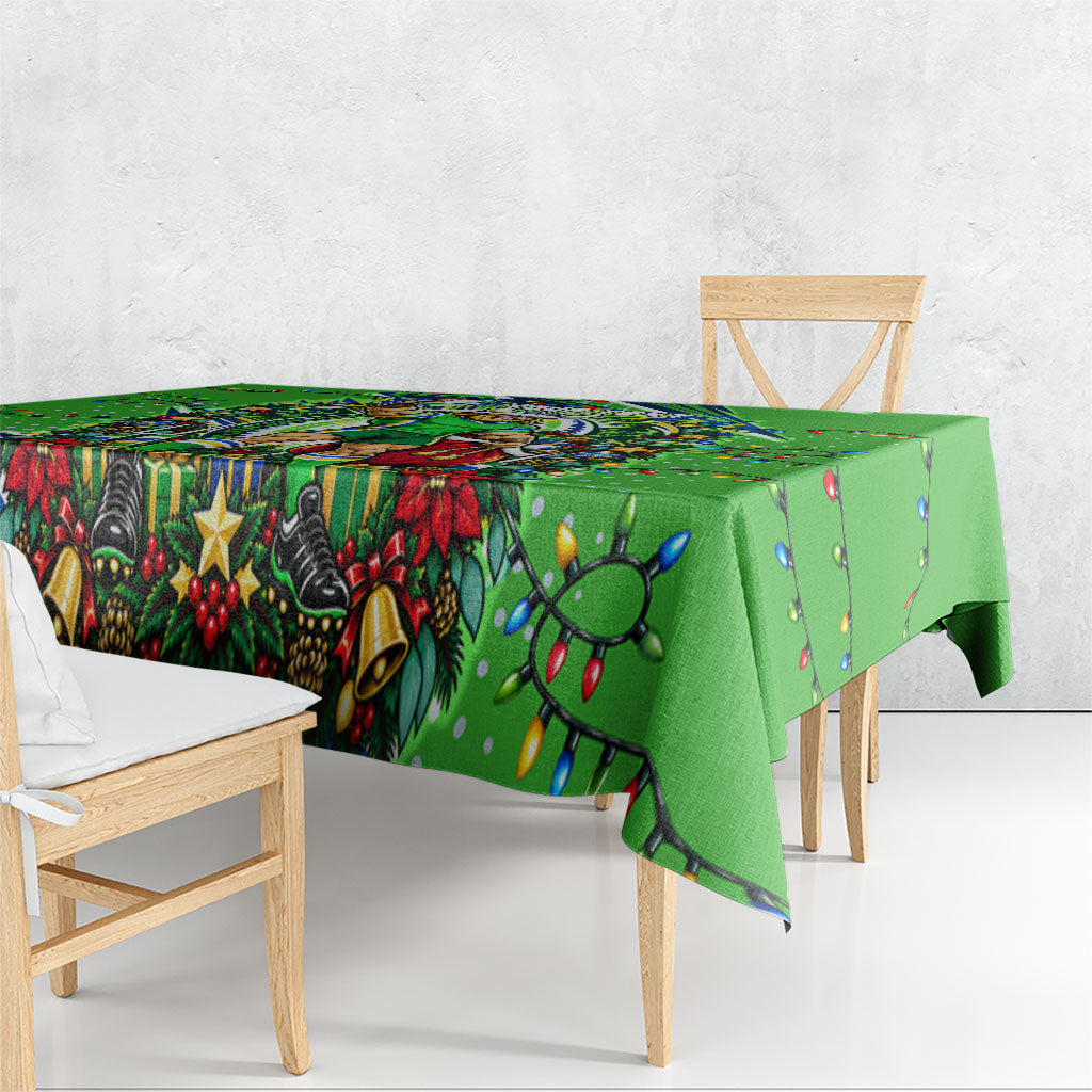 Personalized Canberra Raiders Rugby Christmas Tablecloth Holiday Mascot Graphic Art Festive Lights Bow