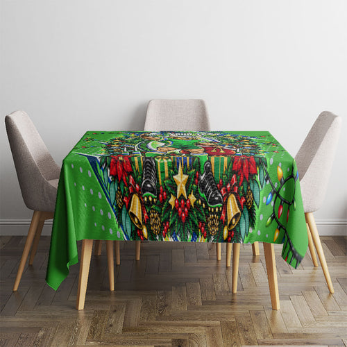 Personalized Canberra Raiders Rugby Christmas Tablecloth Holiday Mascot Graphic Art Festive Lights Bow