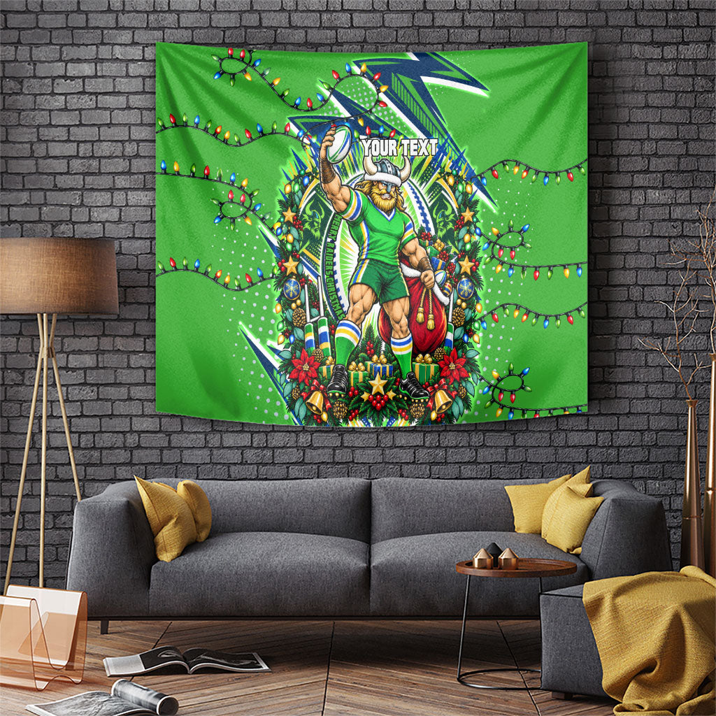 Personalized Canberra Raiders Rugby Christmas Tapestry Holiday Mascot Graphic Art Festive Lights Bow