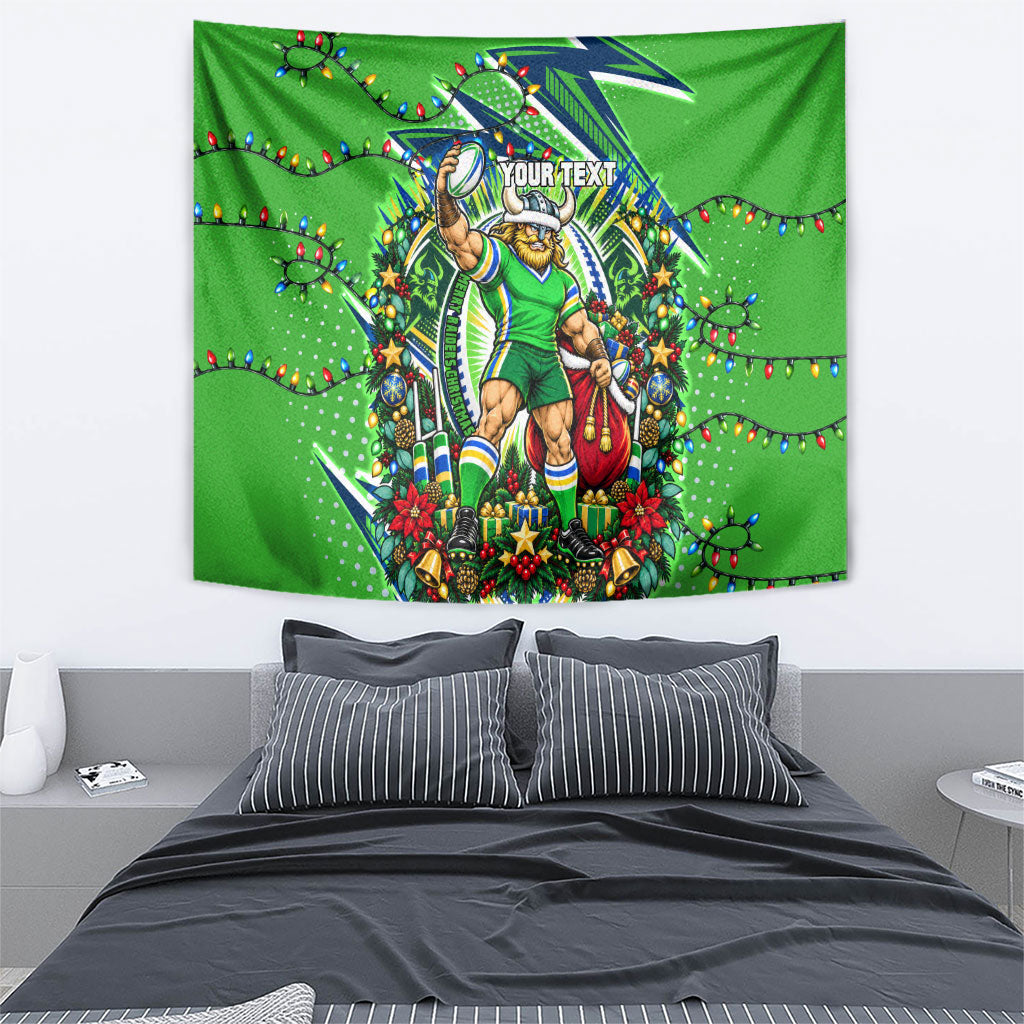 Personalized Canberra Raiders Rugby Christmas Tapestry Holiday Mascot Graphic Art Festive Lights Bow