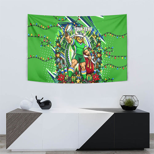 Personalized Canberra Raiders Rugby Christmas Tapestry Holiday Mascot Graphic Art Festive Lights Bow