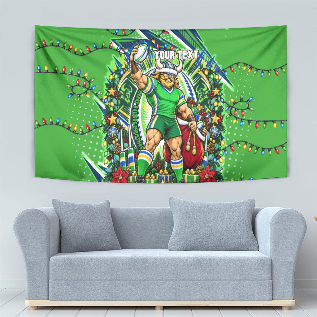 Personalized Canberra Raiders Rugby Christmas Tapestry Holiday Mascot Graphic Art Festive Lights Bow