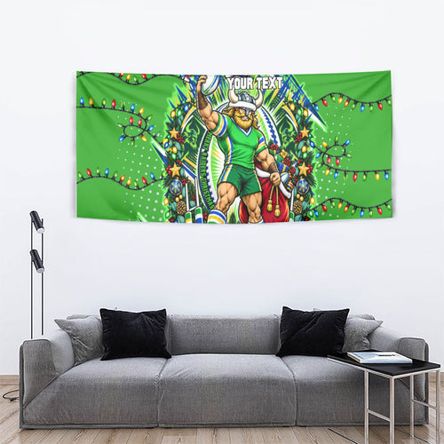 Personalized Canberra Raiders Rugby Christmas Tapestry Holiday Mascot Graphic Art Festive Lights Bow