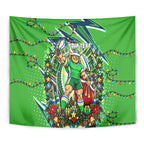Personalized Canberra Raiders Rugby Christmas Tapestry Holiday Mascot Graphic Art Festive Lights Bow