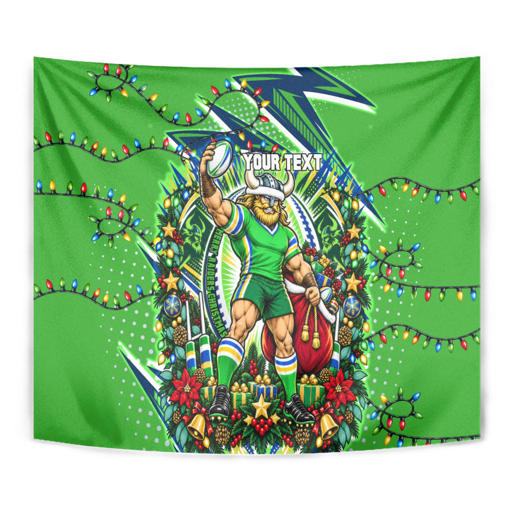 Personalized Canberra Raiders Rugby Christmas Tapestry Holiday Mascot Graphic Art Festive Lights Bow