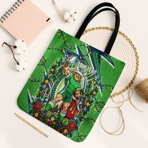 Personalized Canberra Raiders Rugby Christmas Tote Bag Holiday Mascot Graphic Art Festive Lights Bow