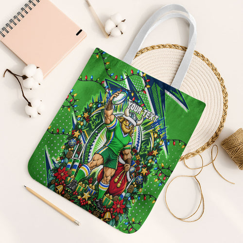 Personalized Canberra Raiders Rugby Christmas Tote Bag Holiday Mascot Graphic Art Festive Lights Bow