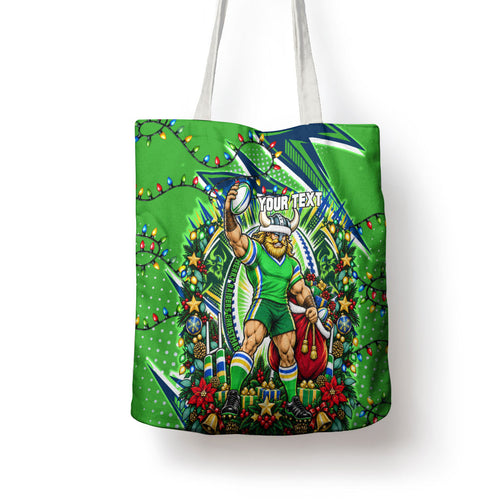 Personalized Canberra Raiders Rugby Christmas Tote Bag Holiday Mascot Graphic Art Festive Lights Bow