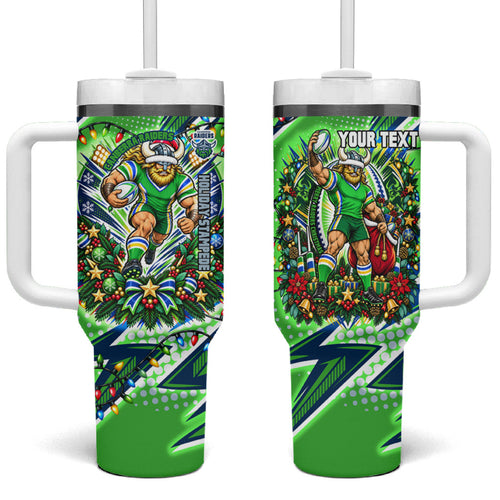 Personalized Canberra Raiders Rugby Christmas Tumbler With Handle Holiday Mascot Graphic Art Festive Lights Bow