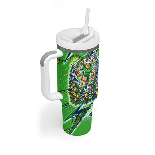 Personalized Canberra Raiders Rugby Christmas Tumbler With Handle Holiday Mascot Graphic Art Festive Lights Bow