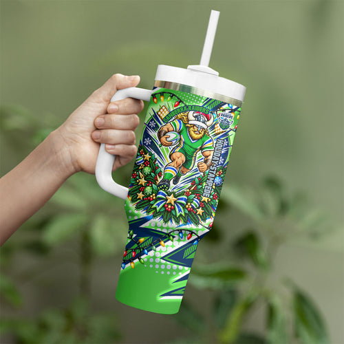 Personalized Canberra Raiders Rugby Christmas Tumbler With Handle Holiday Mascot Graphic Art Festive Lights Bow