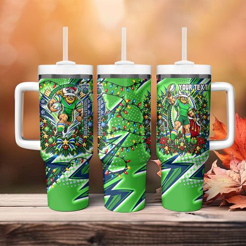Personalized Canberra Raiders Rugby Christmas Tumbler With Handle Holiday Mascot Graphic Art Festive Lights Bow
