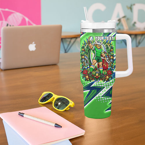Personalized Canberra Raiders Rugby Christmas Tumbler With Handle Holiday Mascot Graphic Art Festive Lights Bow