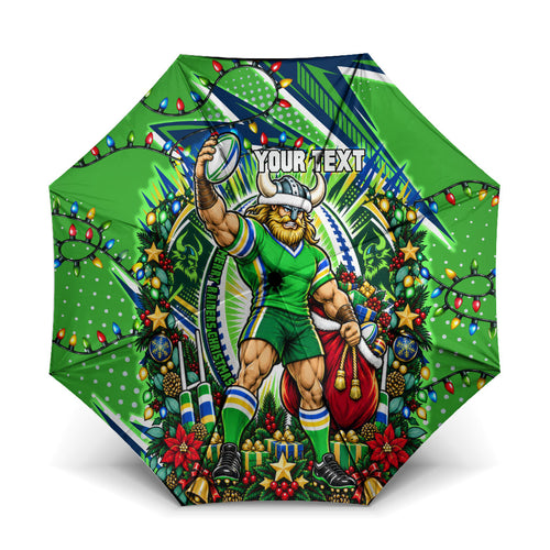 Personalized Canberra Raiders Rugby Christmas Umbrella Holiday Mascot Graphic Art Festive Lights Bow