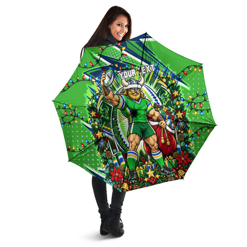 Personalized Canberra Raiders Rugby Christmas Umbrella Holiday Mascot Graphic Art Festive Lights Bow