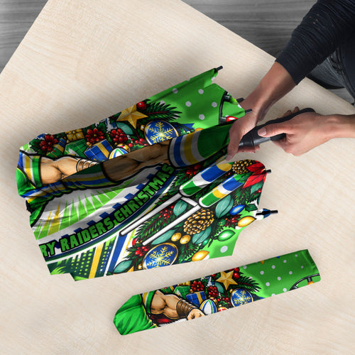 Personalized Canberra Raiders Rugby Christmas Umbrella Holiday Mascot Graphic Art Festive Lights Bow