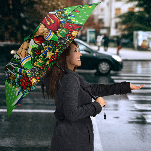 Personalized Canberra Raiders Rugby Christmas Umbrella Holiday Mascot Graphic Art Festive Lights Bow
