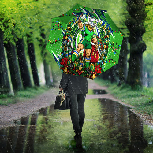 Personalized Canberra Raiders Rugby Christmas Umbrella Holiday Mascot Graphic Art Festive Lights Bow
