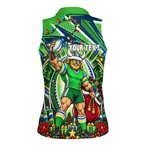 Personalized Canberra Raiders Rugby Christmas Women Sleeveless Polo Shirt Holiday Mascot Graphic Art Festive Lights Bow