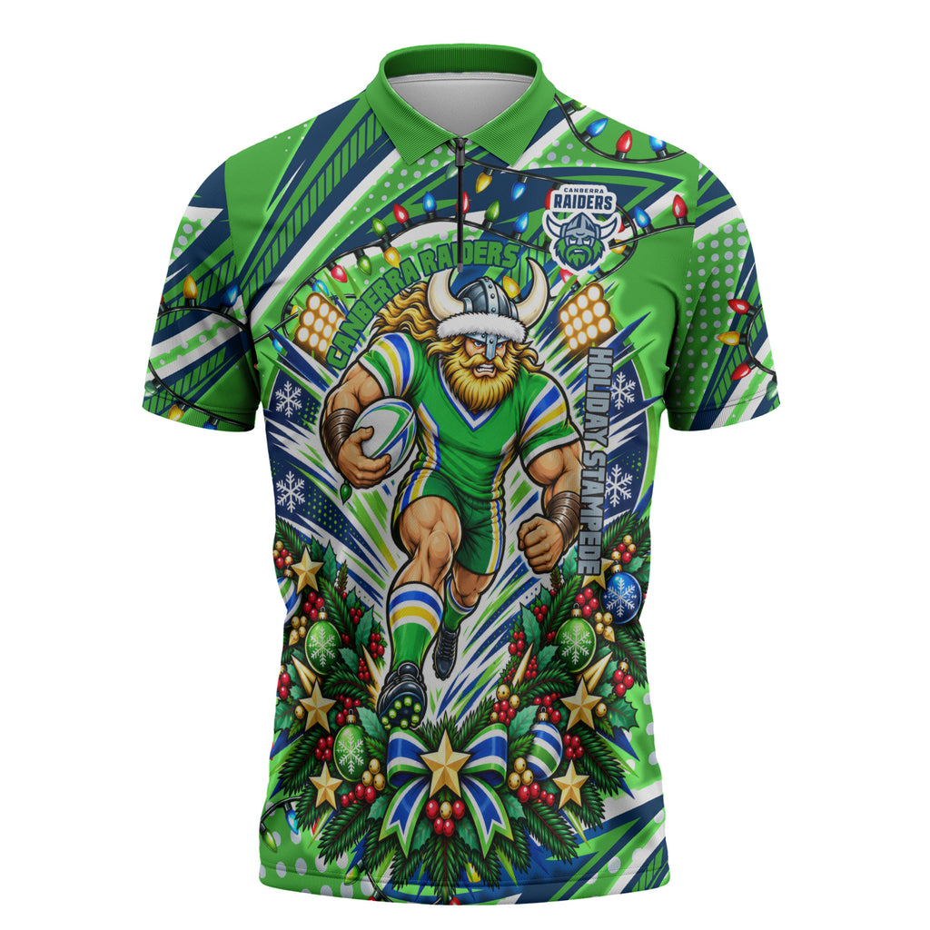 Personalized Canberra Raiders Rugby Christmas Zipper Polo Shirt Holiday Mascot Graphic Art Festive Lights Bow
