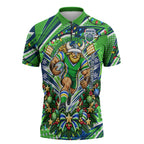 Personalized Canberra Raiders Rugby Christmas Zipper Polo Shirt Holiday Mascot Graphic Art Festive Lights Bow