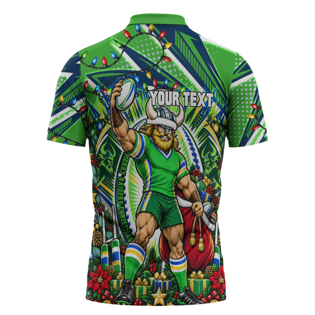 Personalized Canberra Raiders Rugby Christmas Zipper Polo Shirt Holiday Mascot Graphic Art Festive Lights Bow