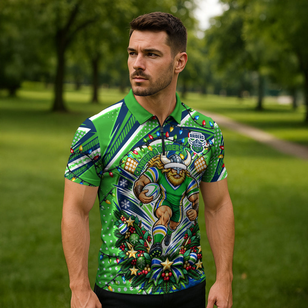 Personalized Canberra Raiders Rugby Christmas Zipper Polo Shirt Holiday Mascot Graphic Art Festive Lights Bow
