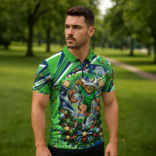 Personalized Canberra Raiders Rugby Christmas Zipper Polo Shirt Holiday Mascot Graphic Art Festive Lights Bow