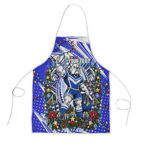 Personalized Canterbury Bankstown Bulldogs Rugby Christmas Apron Holiday Mascot Graphic Art Festive Lights Bow
