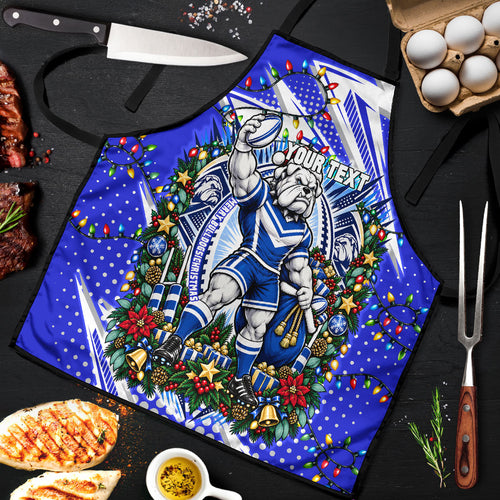 Personalized Canterbury Bankstown Bulldogs Rugby Christmas Apron Holiday Mascot Graphic Art Festive Lights Bow
