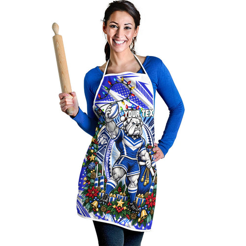 Personalized Canterbury Bankstown Bulldogs Rugby Christmas Apron Holiday Mascot Graphic Art Festive Lights Bow