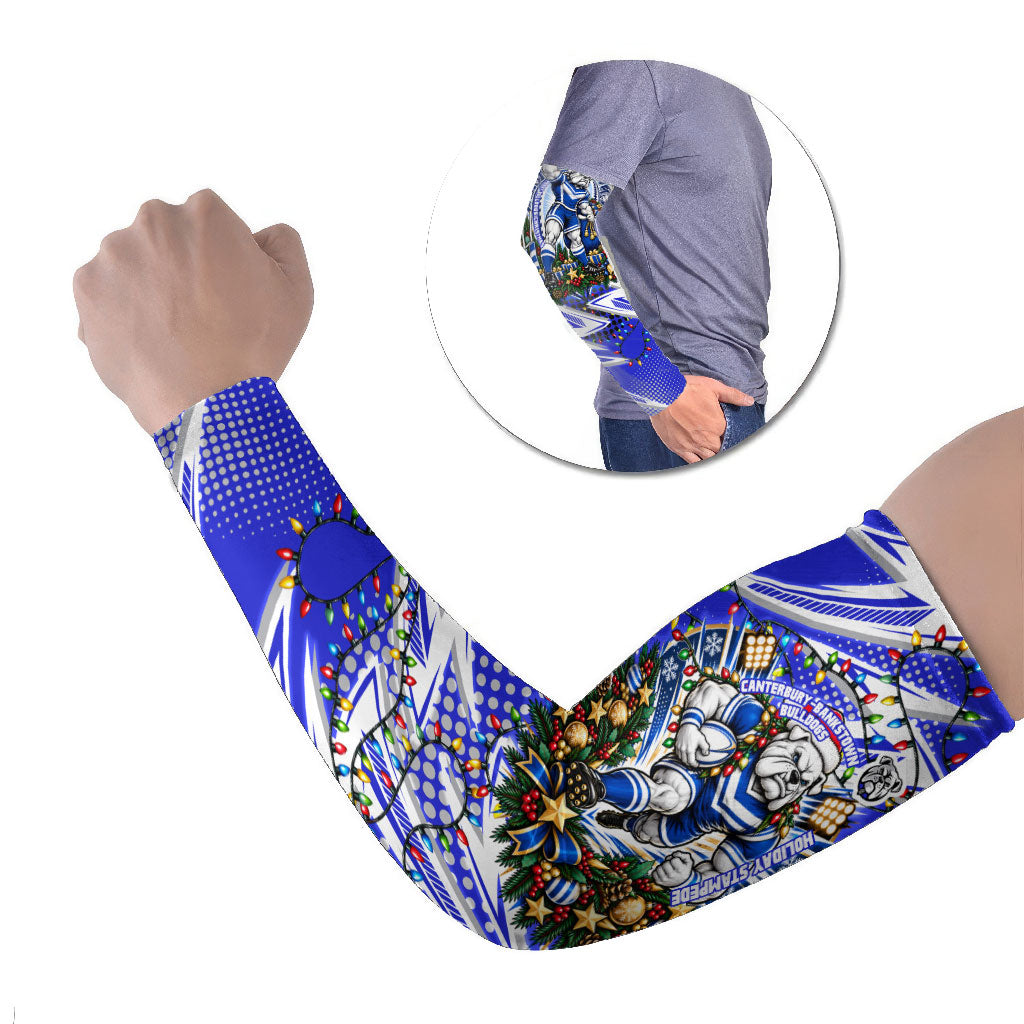 Personalized Canterbury Bankstown Bulldogs Rugby Christmas Arm Sleeves Holiday Mascot Graphic Art Festive Lights Bow