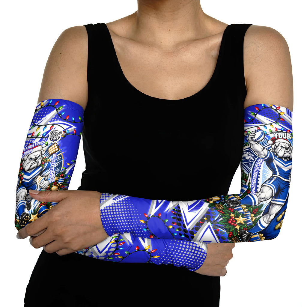 Personalized Canterbury Bankstown Bulldogs Rugby Christmas Arm Sleeves Holiday Mascot Graphic Art Festive Lights Bow