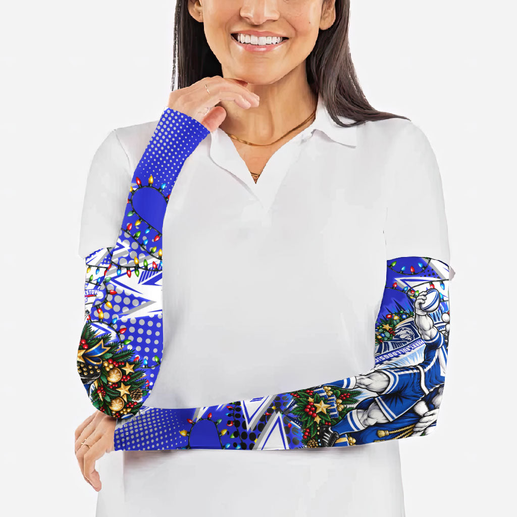Personalized Canterbury Bankstown Bulldogs Rugby Christmas Arm Sleeves Holiday Mascot Graphic Art Festive Lights Bow
