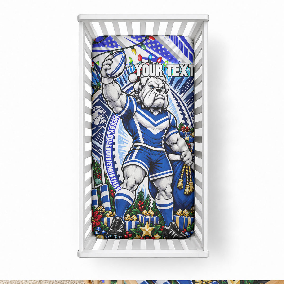 Personalized Canterbury Bankstown Bulldogs Rugby Christmas Baby Bed Cover Holiday Mascot Graphic Art Festive Lights Bow