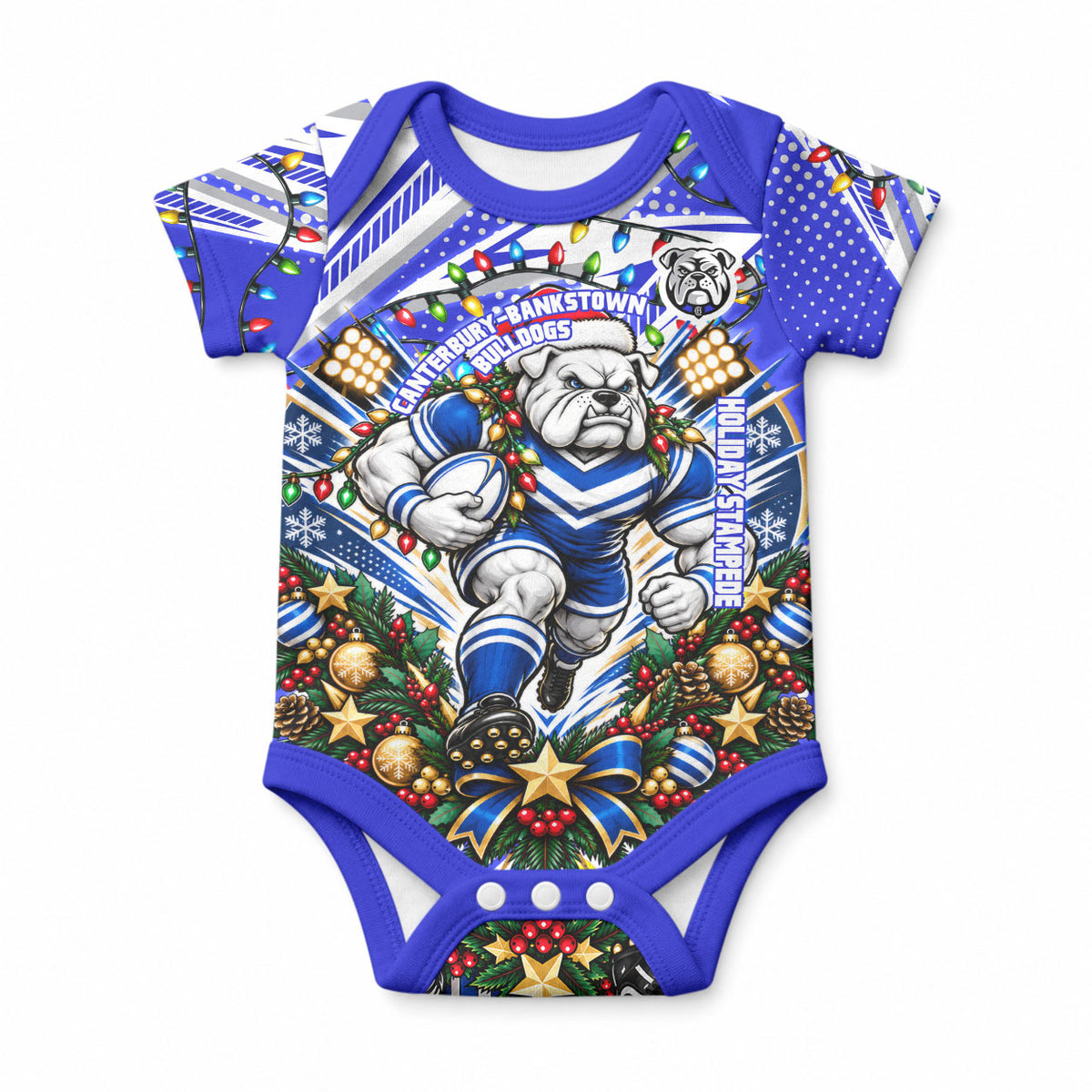Personalized Canterbury Bankstown Bulldogs Rugby Christmas Baby Onesie Holiday Mascot Graphic Art Festive Lights Bow