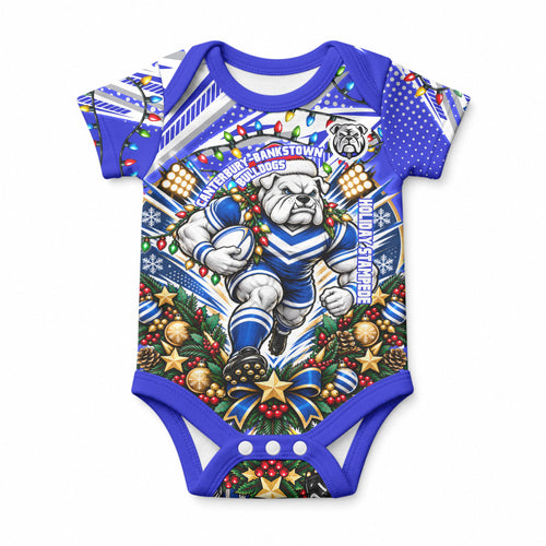 Personalized Canterbury Bankstown Bulldogs Rugby Christmas Baby Onesie Holiday Mascot Graphic Art Festive Lights Bow