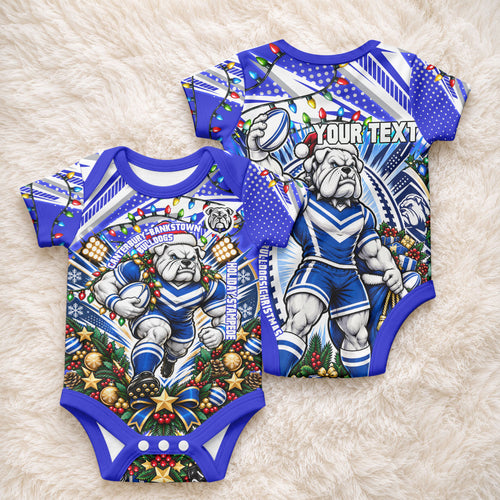 Personalized Canterbury Bankstown Bulldogs Rugby Christmas Baby Onesie Holiday Mascot Graphic Art Festive Lights Bow
