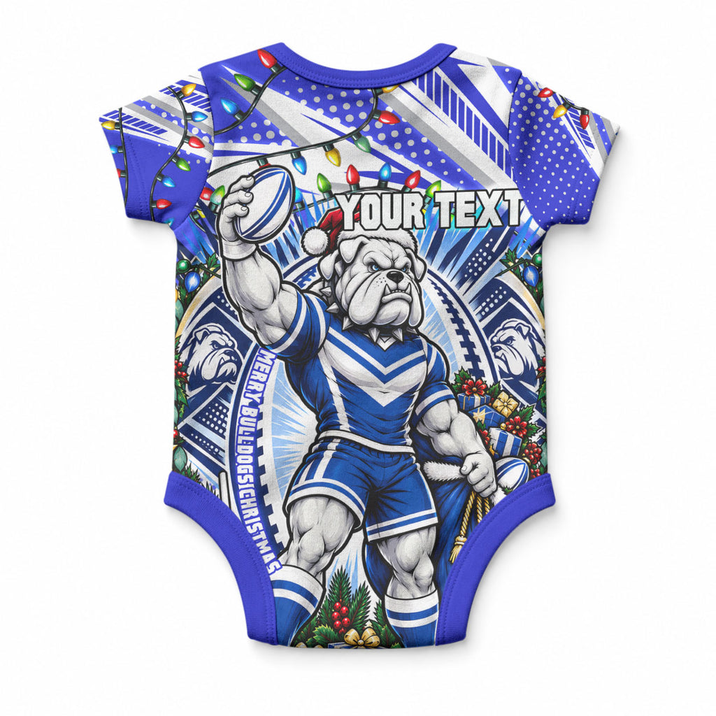 Personalized Canterbury Bankstown Bulldogs Rugby Christmas Baby Onesie Holiday Mascot Graphic Art Festive Lights Bow