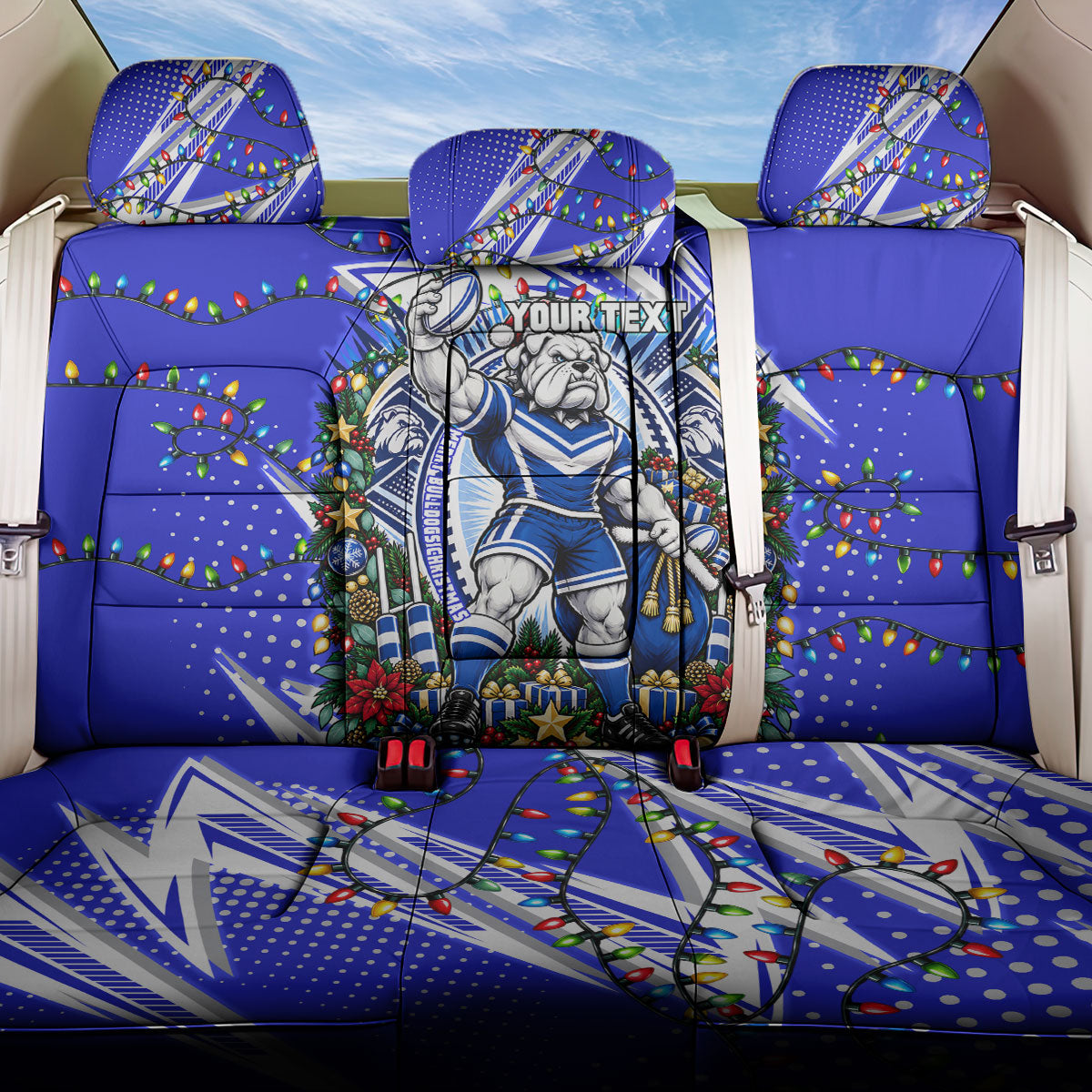 Personalized Canterbury Bankstown Bulldogs Rugby Christmas Back Car Seat Cover Holiday Mascot Graphic Art Festive Lights Bow