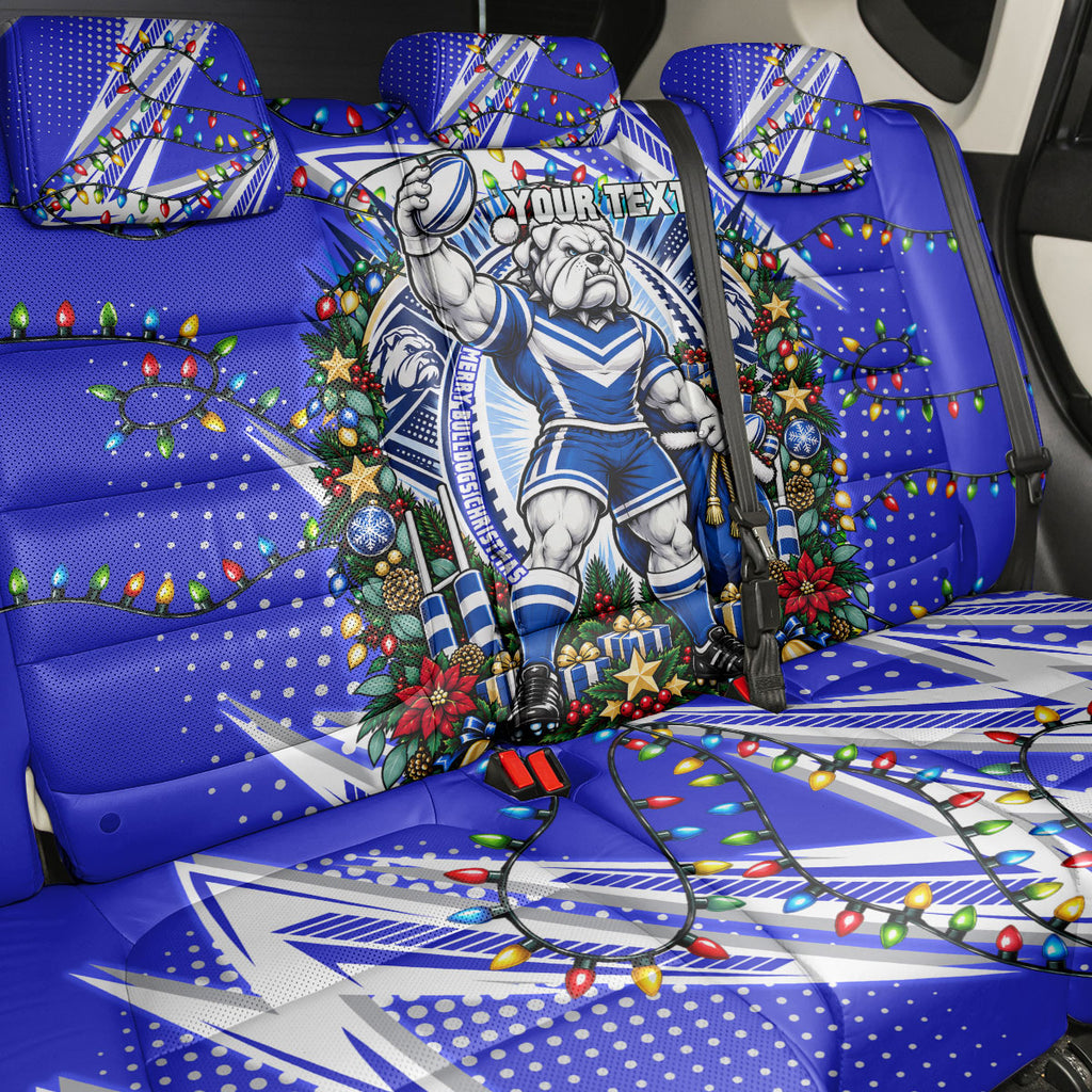 Personalized Canterbury Bankstown Bulldogs Rugby Christmas Back Car Seat Cover Holiday Mascot Graphic Art Festive Lights Bow